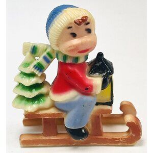 VTG 2.5" Melamine Plastic Boy on Sled Christmas Ornament Tabletop Decor *READ*